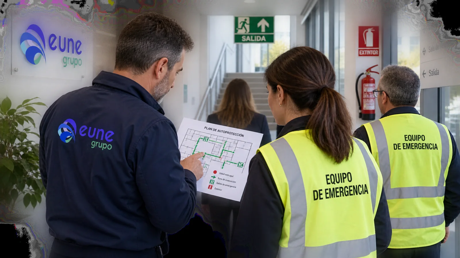 Equipo de emergencia revisando un plan de autoprotección