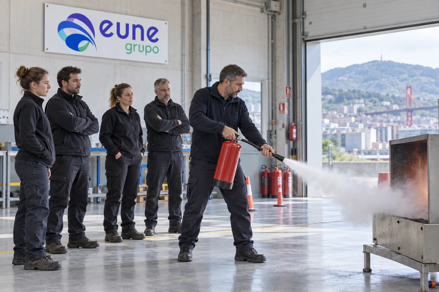 Imagen ilustrativa de una práctica supervisada de extinción básica de incendios, con el distintivo de Grupo Eune en la pared